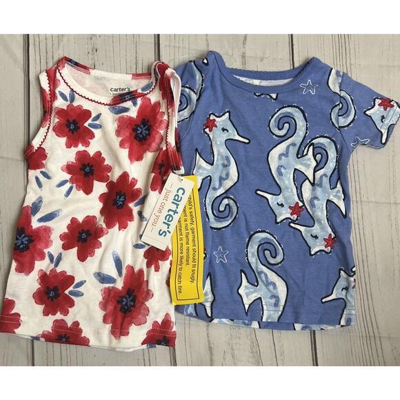 Carter's Just One You Seahorse/Floral Pajama Tops (2PC) Girls 12 Mo NWT - Picture 1 of 4